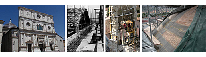 San Bernardino in L'Aquila: the facade at present; the reconstruction of the facade with a reinforced concrete structure after removing the stone facing (1960); the belfry collapsed in 2009; the extrados of the dome after consolidation with FRP (2011). Images taken from Bartolomucci, C. 2013.