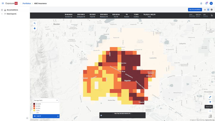 Damage ratio accumulation footprint for the Marshall Fire, Colorado within ExposureIQ